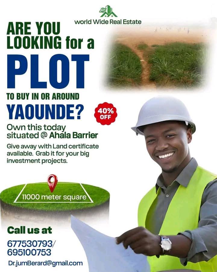 Flyer for an 11,000 square metre plot for sale at Ahala Barrier, Yaoundé, with land certificate available